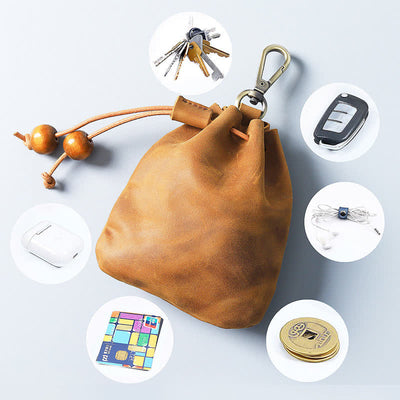 Vintage Coin Purse Genuine Leather Pouch Wallet Drawstring Storage Bag