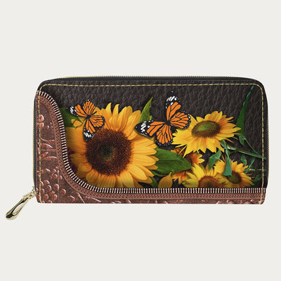 PU Leather Wallet For Women Butterfly Sunflower Pattern Long Purse