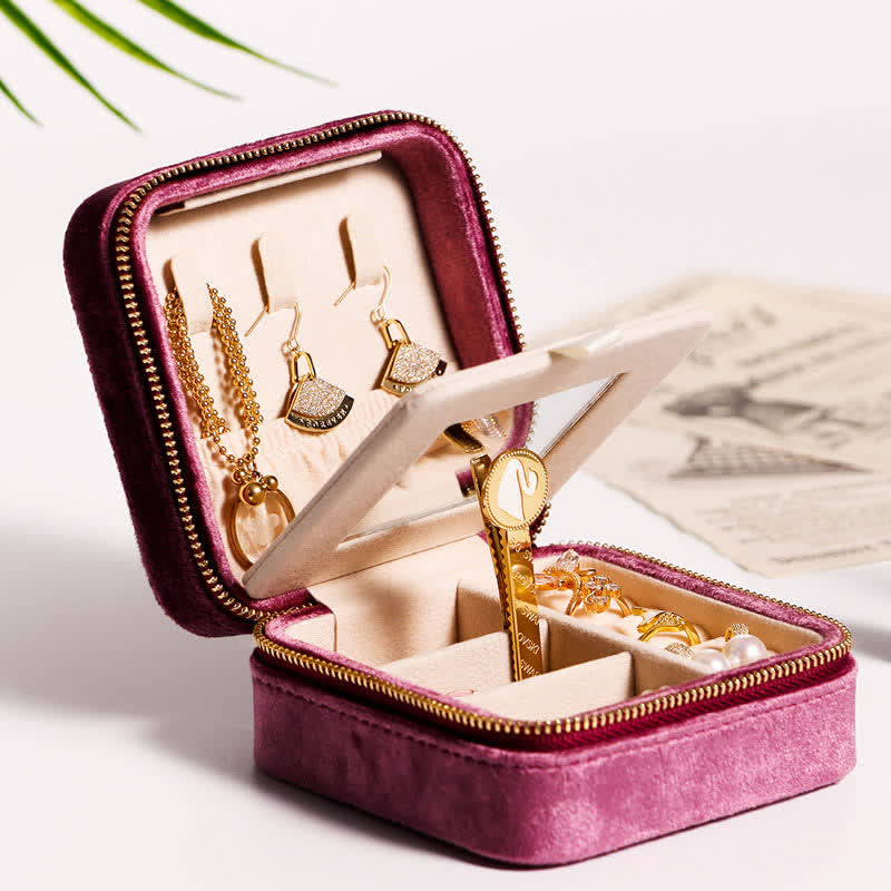 Storage Bag for Women with Mirror Velvet Square Jewelry Case