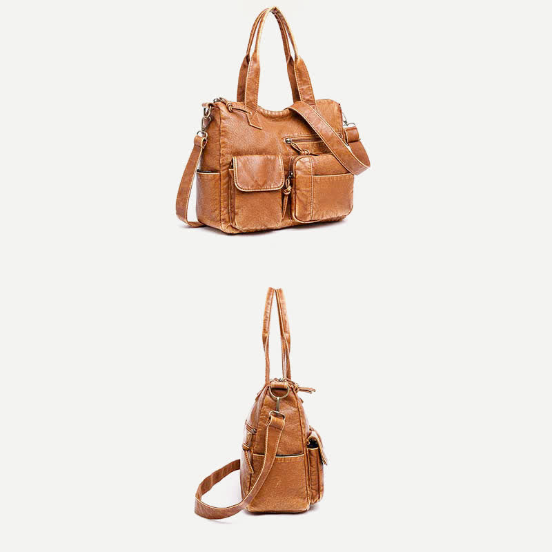 Retro Faux Leather Tote Handbag for Women Shoulder Bag with Crossbody Strap