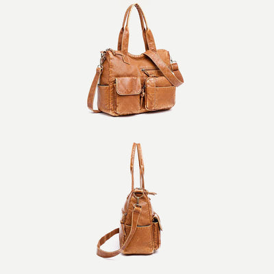 Retro Faux Leather Tote Handbag for Women Shoulder Bag with Crossbody Strap