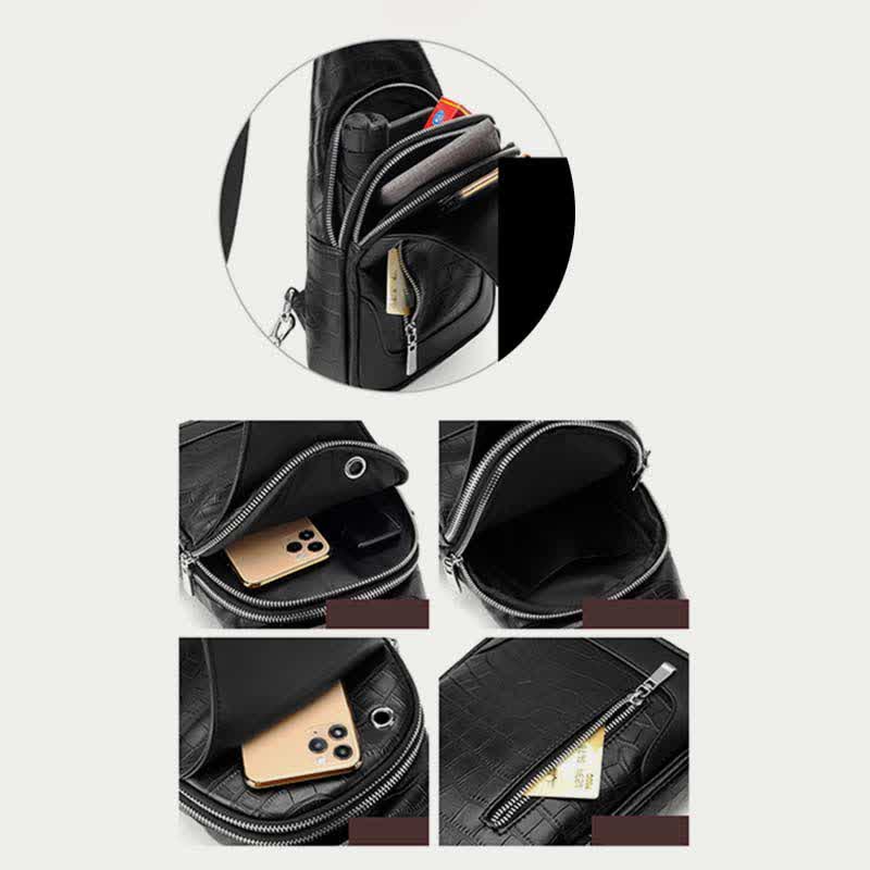 Crocodile Grain Leather Sling Backpack Shoulder Bag for Men Travel Daypack