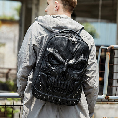 3D Skull Punk Rivet Leather Backpack Waterproof Embossed Ghost Head Knapsack