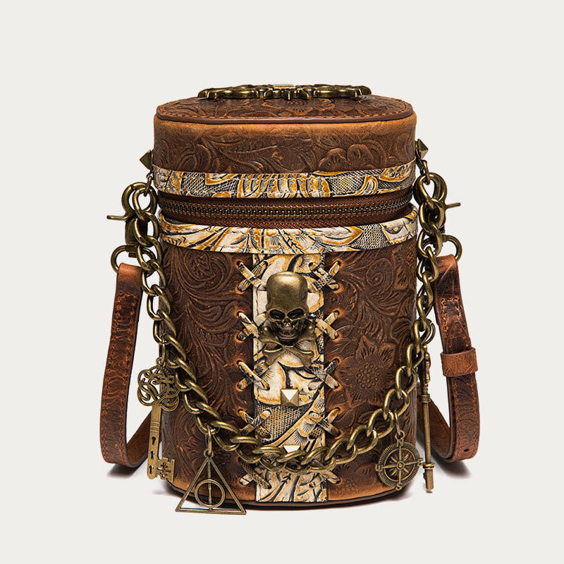 Vintage Crossbody Bag Fancy Skull Design Leather Bucket Bag