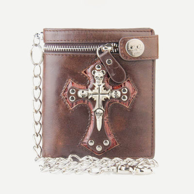 Mens Gothic Skull Cross Leather Punk Wallet with Long Metal Chain