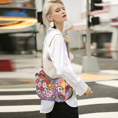 Multi-Color Floral Genuine Leather Boston Bag Hobo Tote Handbag Crossbody Bag