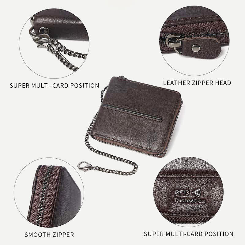 Genuine Leather Zip Around RFID Blocking Bifold Wallet with Chain
