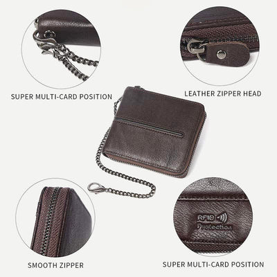 Genuine Leather Zip Around RFID Blocking Bifold Wallet with Chain