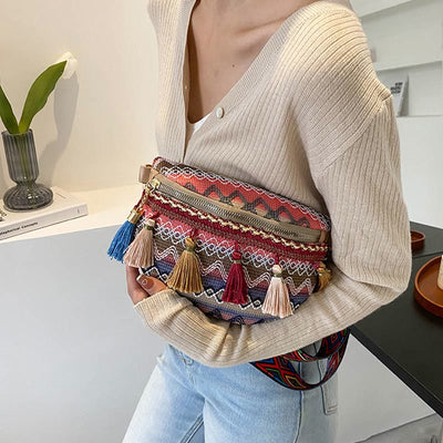 Folk Custom Sling Bag Women Tassel Crossbody Chest Bag