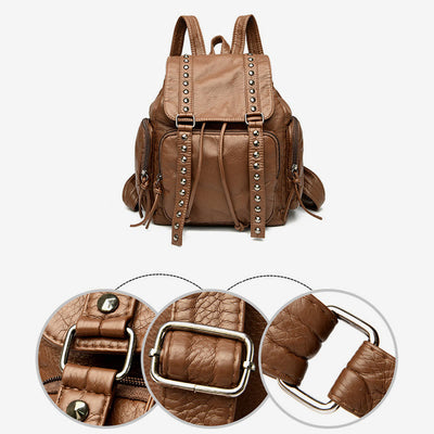 Rivet Backpack For Women Travel Soft Plain Color Leather Daypack