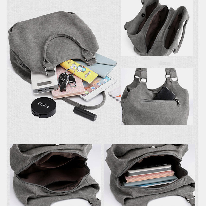 Triple Compartment Canvas Tote Lightweight Functional Hobo Handbag Purse