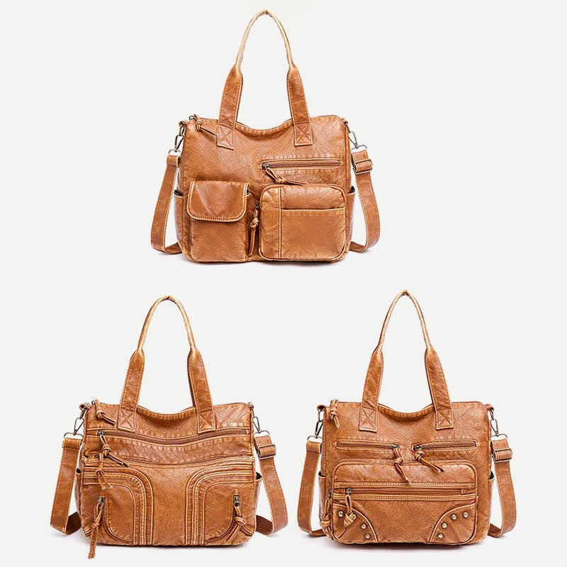 Retro Faux Leather Tote Handbag for Women Shoulder Bag with Crossbody Strap
