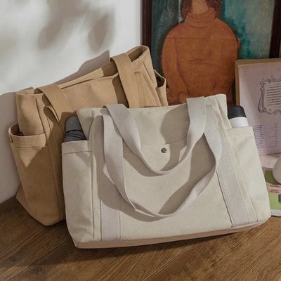 Large Capacity Canvas Shoulder Tote Bag Multiple Pocket Handbag Shopping Bag