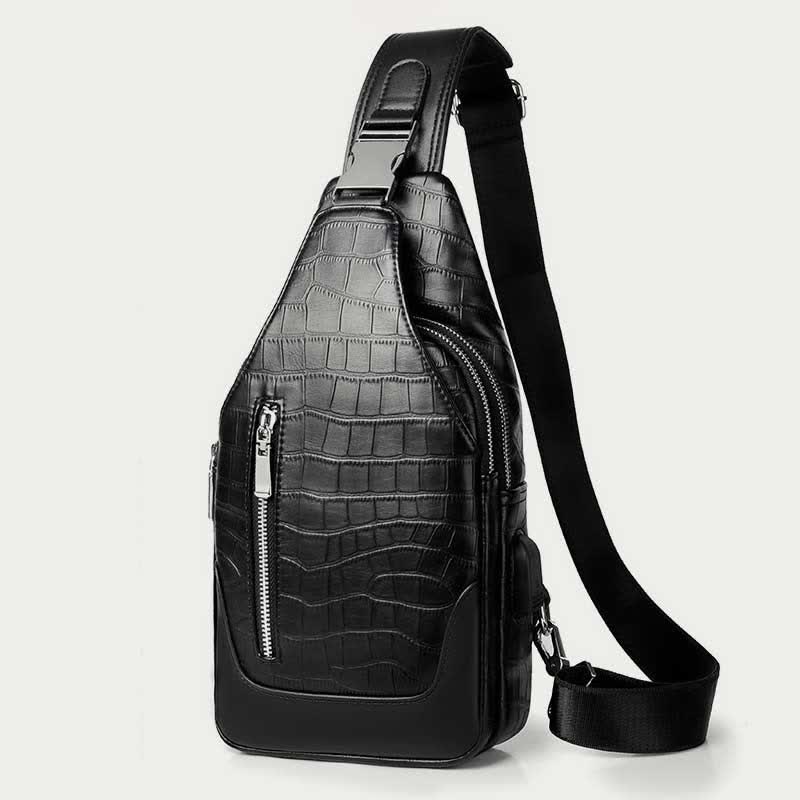 Crocodile Grain Leather Sling Backpack Shoulder Bag for Men Travel Daypack