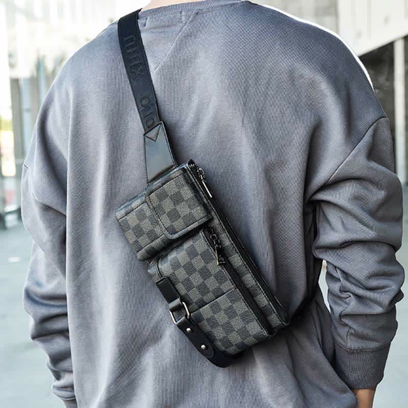 Waist Bag for Men Leather Plaid Travel Sling Bag Chest Bag