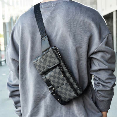 Waist Bag for Men Leather Plaid Travel Sling Bag Chest Bag