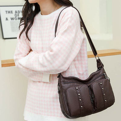 Mulit-Pocket Crossbody Purse for Women Retro Rivets Leather Shoulder Handbag