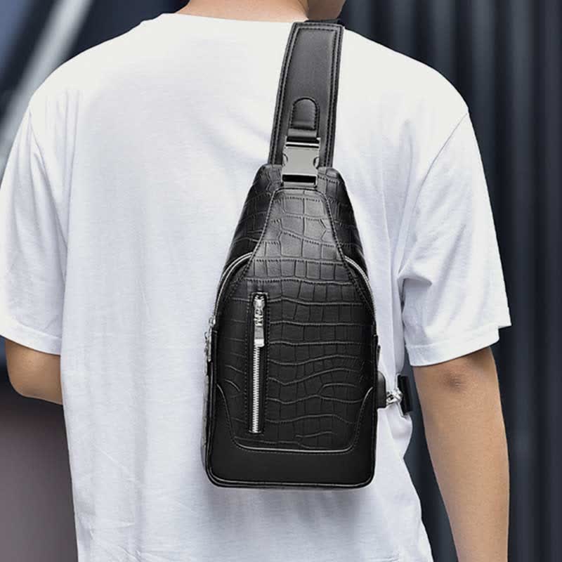 Crocodile Grain Leather Sling Backpack Shoulder Bag for Men Travel Daypack