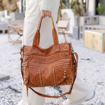 Retro Faux Leather Tote Handbag for Women Shoulder Bag with Crossbody Strap