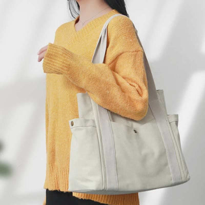 Large Capacity Canvas Shoulder Tote Bag Multiple Pocket Handbag Shopping Bag