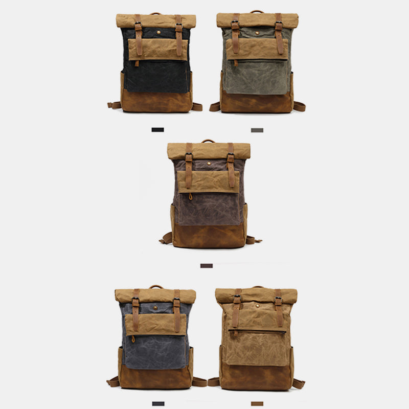 Canvas Leather Backpack Rucksack for College Weekend Travel Fit 15.6 Inch Laptops