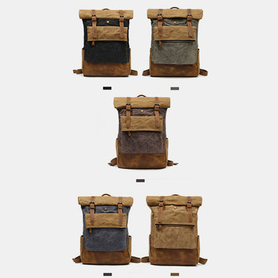 Canvas Leather Backpack Rucksack for College Weekend Travel Fit 15.6 Inch Laptops