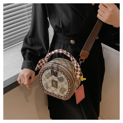 Top-handle Bag For Women Vintage Wide Strap Small Round Bag
