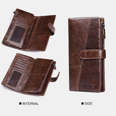 Retro Splicing Long Slim Purse Real Leather Trifold Wallet