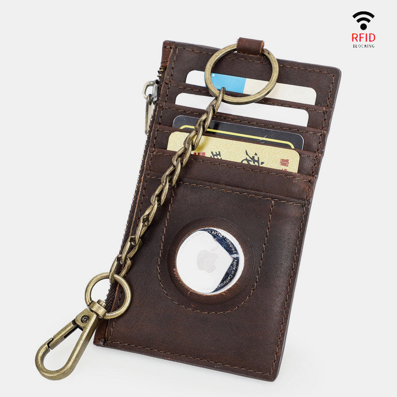 RFID Blocking Genuine Leather Airtag Card Holder Wallet With Chain