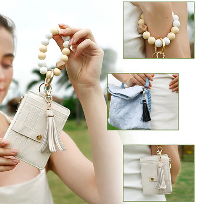 Silicone Bead Wrist Bag Womens Leather Tassel Card Holder