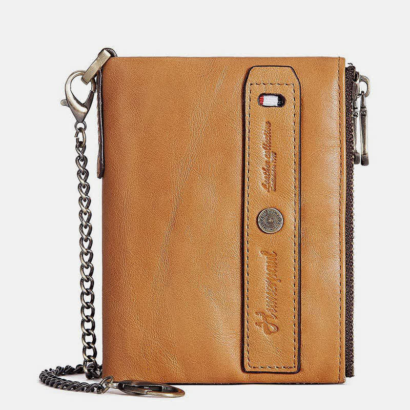 Mens Wallet with Chain Leather Bifold Wallet with Double Zipper Pocket