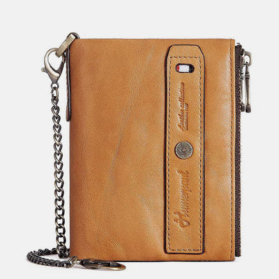 Mens Wallet with Chain Leather Bifold Wallet with Double Zipper Pocket