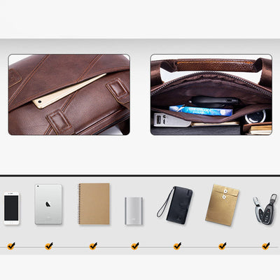 Briefcase For Men Business Solid Color Genuine Leather Crossbody Bag