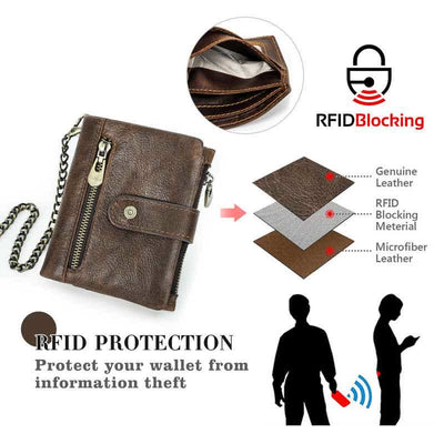 Men's Genuine Leather RFID Blocking Bifold Wallet with Anti-theft Chain
