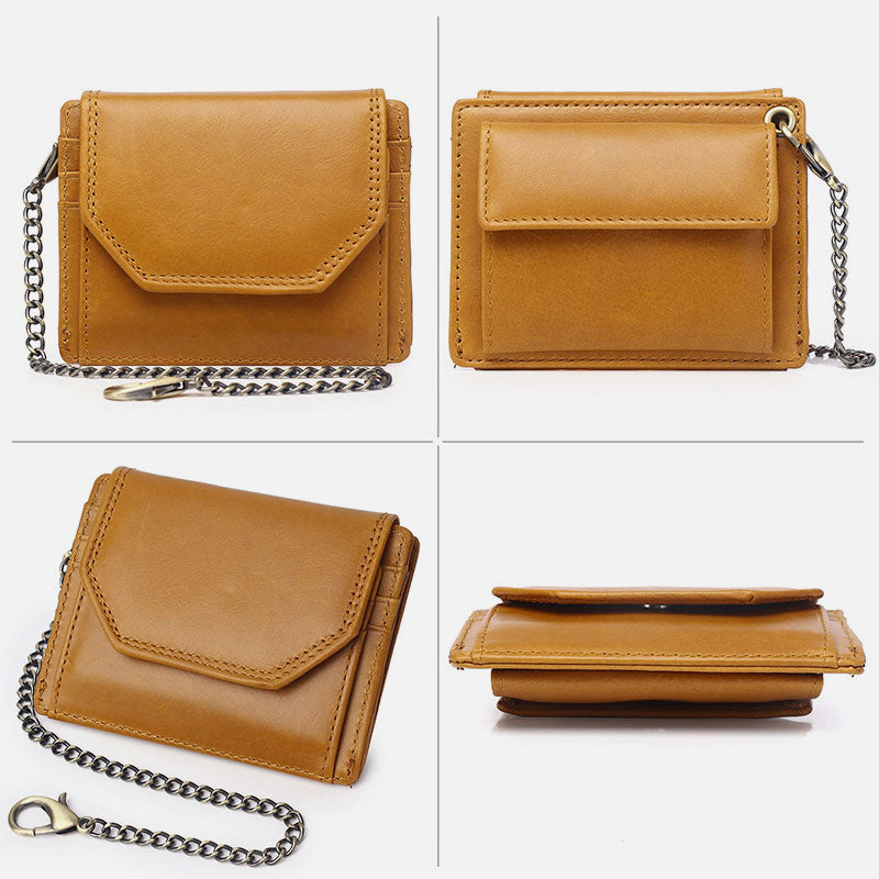 Men's Trifold Wallet Slim Genuine Leather Wallet Card Holder with Chain