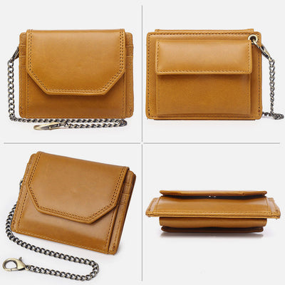 Men's Trifold Wallet Slim Genuine Leather Wallet Card Holder with Chain