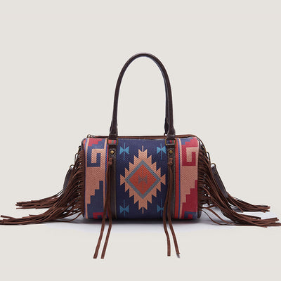 Vintage Hand-woven Boho Tote Tassel Top Handle Satchel with Crossbody Strap