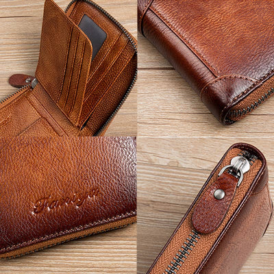 RFID Anti-theft Vintage Genuine Leather Zipper Wallet