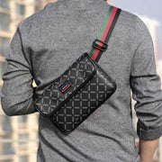 Men Leather Sling Bag Black Plaid Crossbody Bag Chest Shoulder Pack