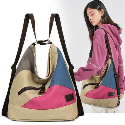 Women's Tote Canvas Backpack for Color Block Shoulder Hobo Bag Rucksack