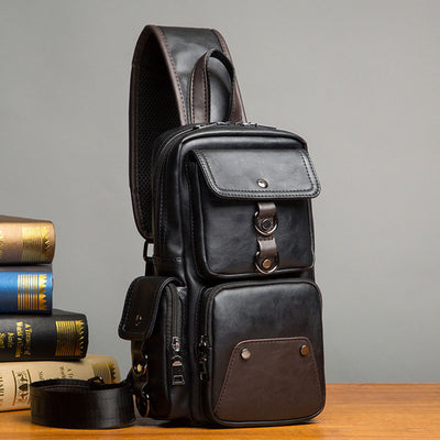 Retro Anti-theft Multi-Pocket Leather Sling Bag Roomy Daypack