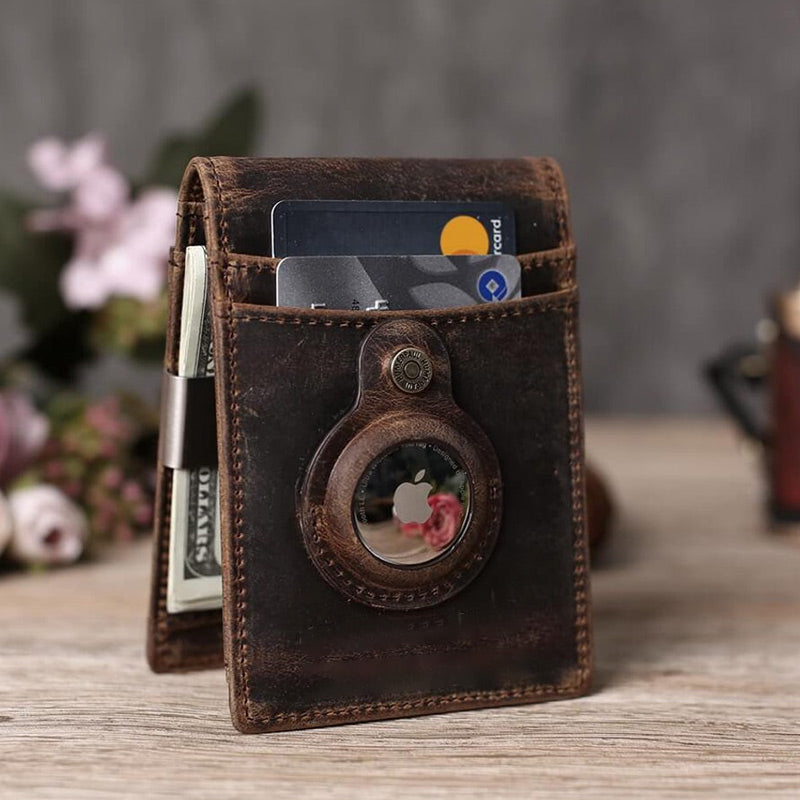 Retro Cowhide Leather AirTag Wallet Bifold RFID Blocking Card Holder