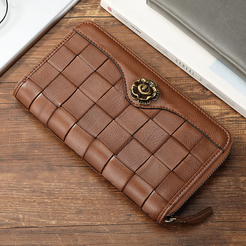 Leather Woven Wallet For Women Men Long Multifunction Clutch Bag