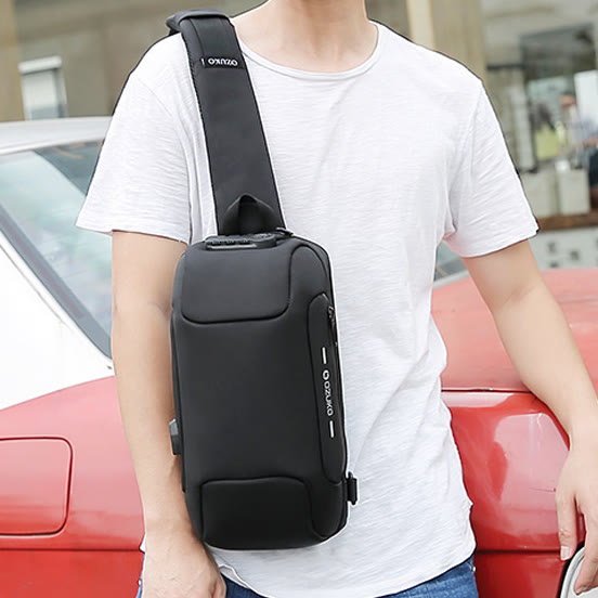 Multi-Pocket Fashion Sling Bag Chest Bag with Passport Lock USB Charging Port