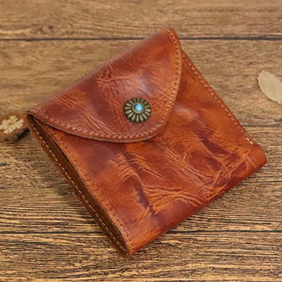 Retro Bifold Wallet Pouch for Women Men Cowhide Leather Small Coin Purse