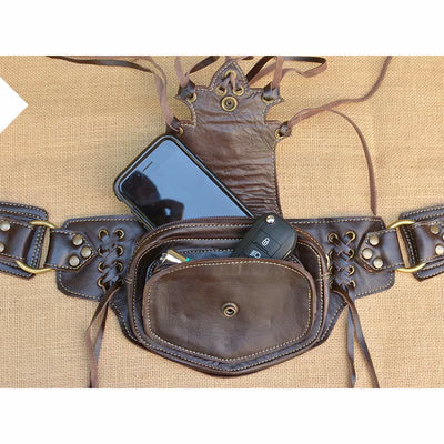 Large Leather Utility 2-Pouch Handmade Practical Tassel Waist Belt Bag
