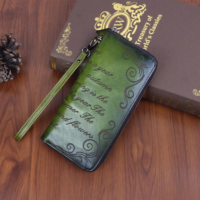 Wallet for Women Vintage Genuine Leather Printing Daily Shopping Handbag