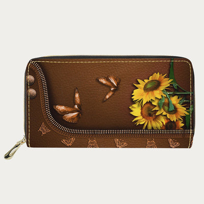 PU Leather Wallet For Women Butterfly Sunflower Pattern Long Purse