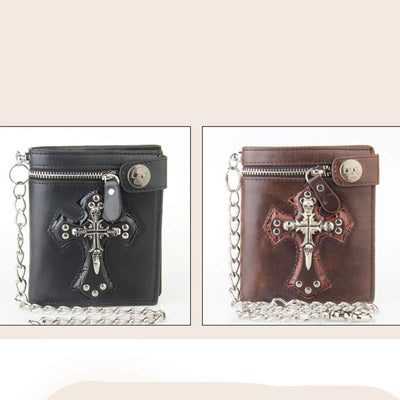 Mens Gothic Skull Cross Leather Punk Wallet with Long Metal Chain
