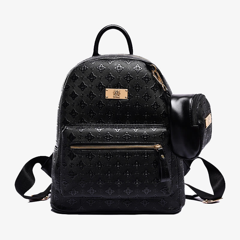 Womens Backpack Simple Embossed Leather Plain Color Student Purse